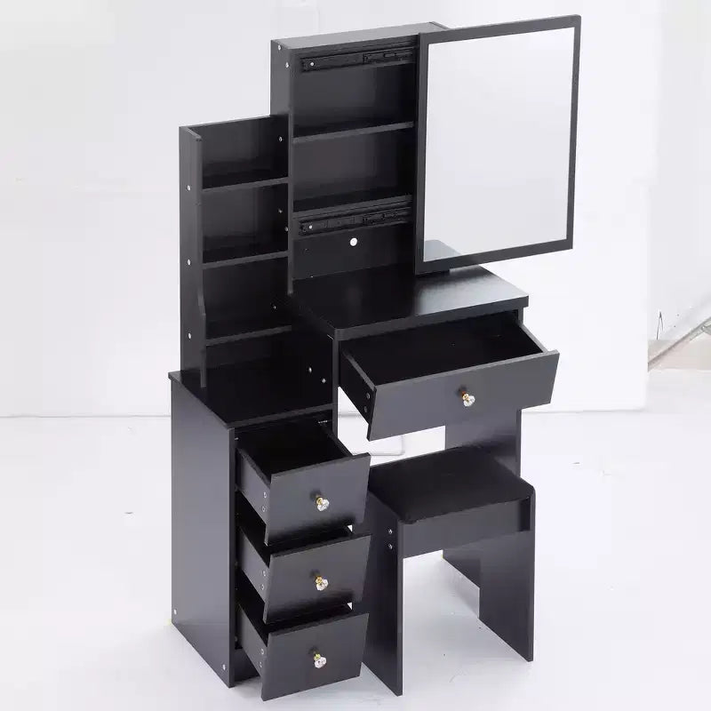 Coiffeuse petite taille à gauche avec tabouret rembourré, grand miroir coulissant, multi-couches