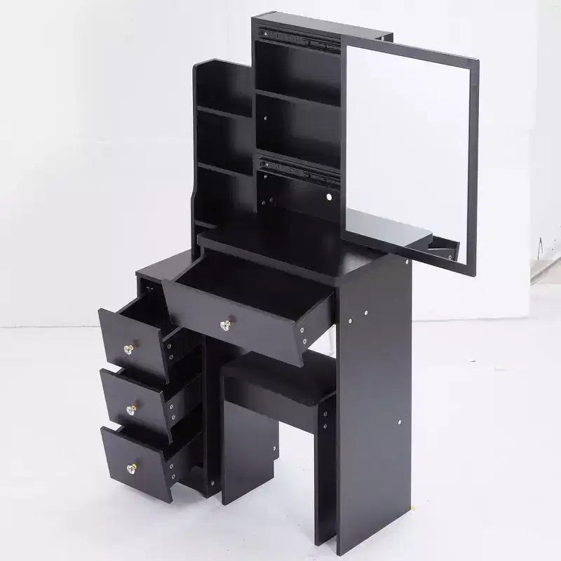 Coiffeuse petite taille à gauche avec tabouret rembourré, grand miroir coulissant, multi-couches