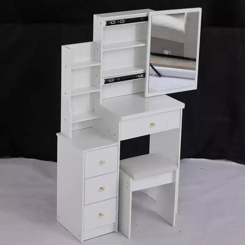 Coiffeuse petite taille à gauche avec tabouret rembourré, grand miroir coulissant, multi-couches
