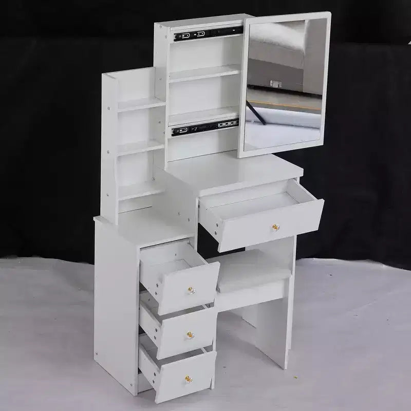 Coiffeuse petite taille à gauche avec tabouret rembourré, grand miroir coulissant, multi-couches