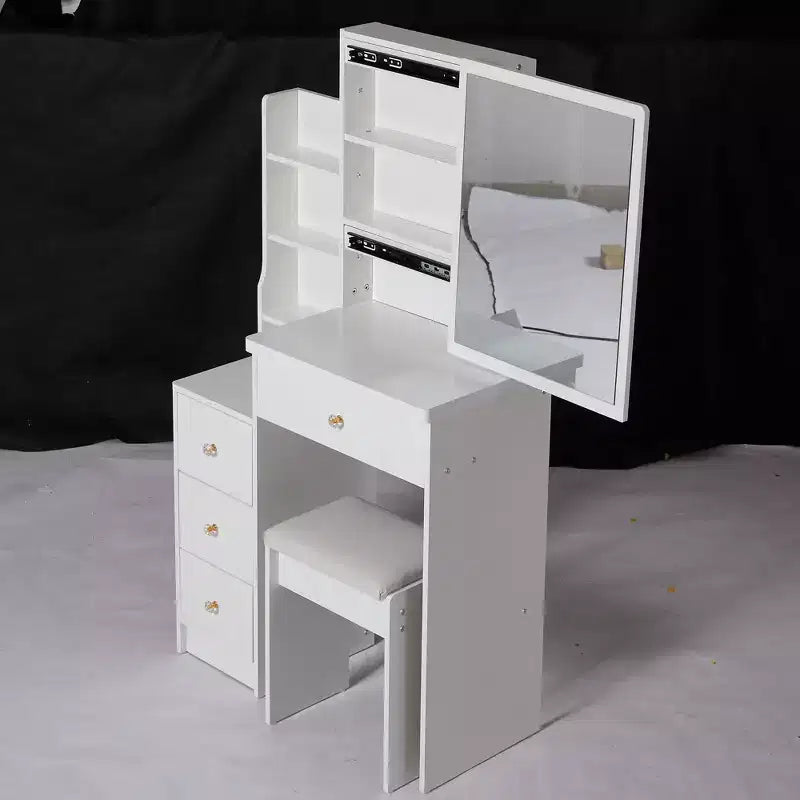 Coiffeuse petite taille à gauche avec tabouret rembourré, grand miroir coulissant, multi-couches
