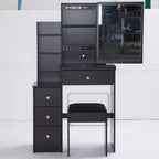 Coiffeuse petite taille à gauche avec tabouret rembourré, grand miroir coulissant, multi-couches