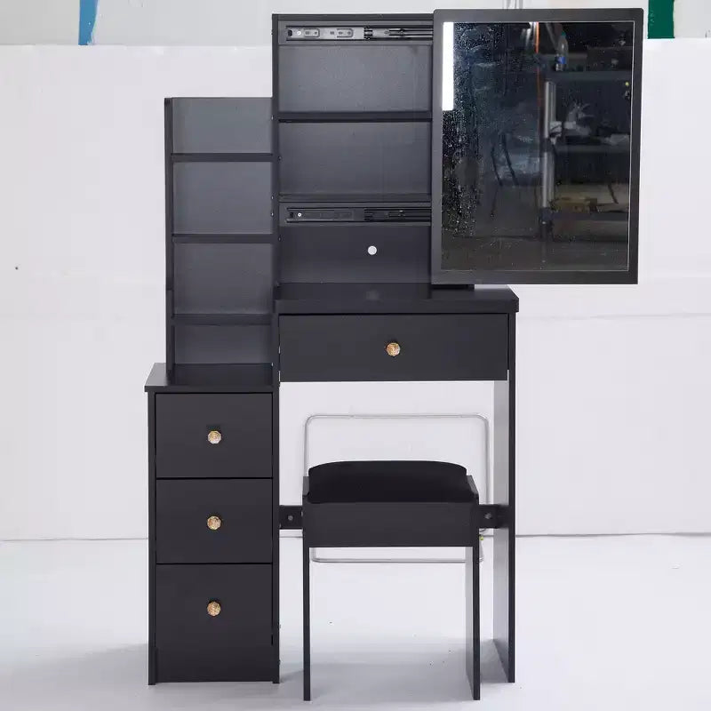Coiffeuse petite taille à gauche avec tabouret rembourré, grand miroir coulissant, multi-couches