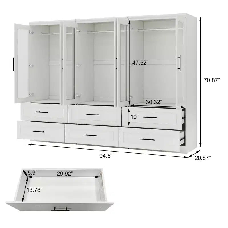 Armoire blanche en bois de 240 cm avec 6 tiroirs et 6 portes