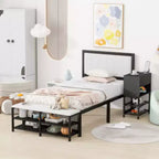 Twin-Size Metal Platform Bed with Dual-Level Storage Shelves and Wooden Storage Cabinet