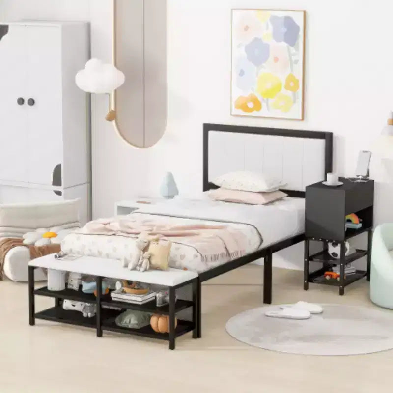 Twin-Size Metal Platform Bed with Dual-Level Storage Shelves and Wooden Storage Cabinet