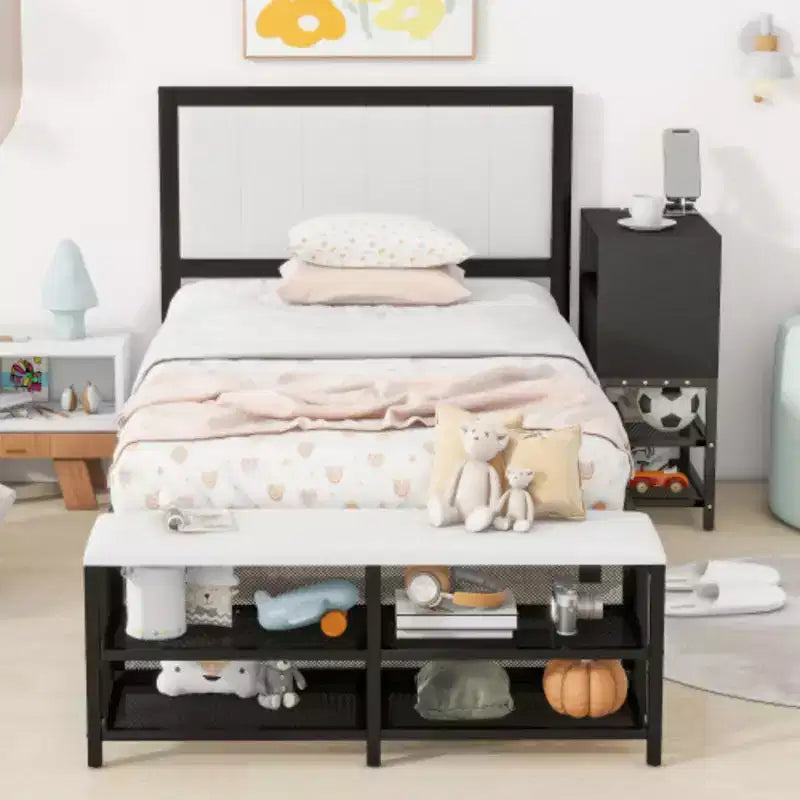 Lit plateforme métallique pour une personne avec étagères de rangement à deux niveaux et armoire de rangement en bois
