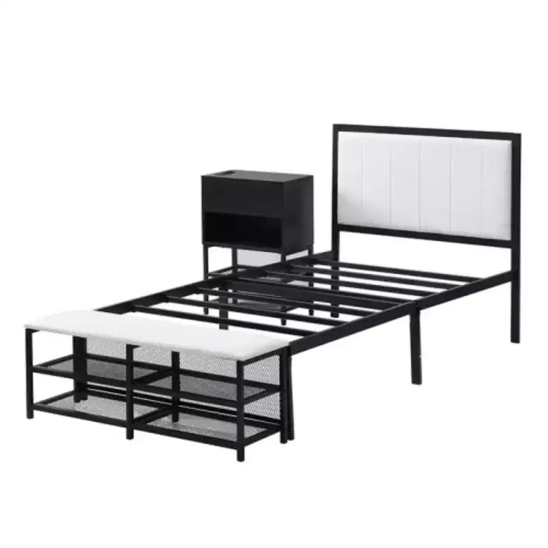 Lit plateforme métallique pour une personne avec étagères de rangement à deux niveaux et armoire de rangement en bois