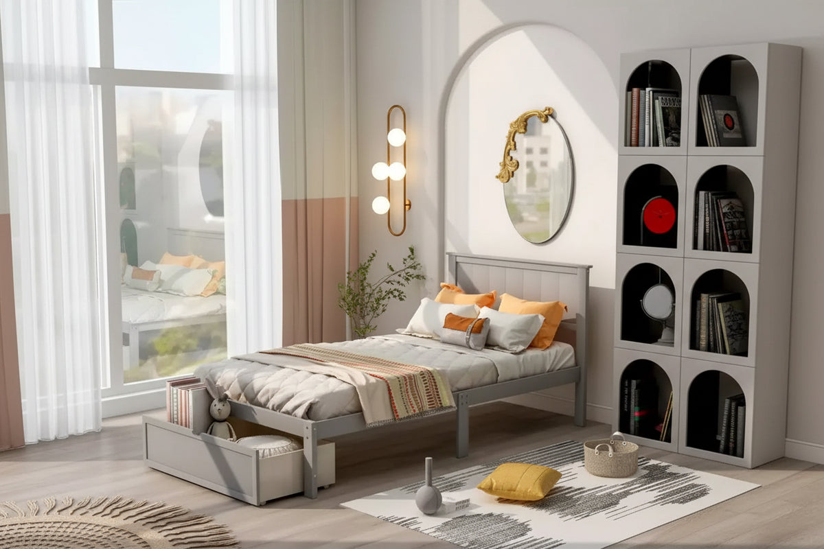 Whisen Wood Twin Size Platform Bed with Under-bed Drawer