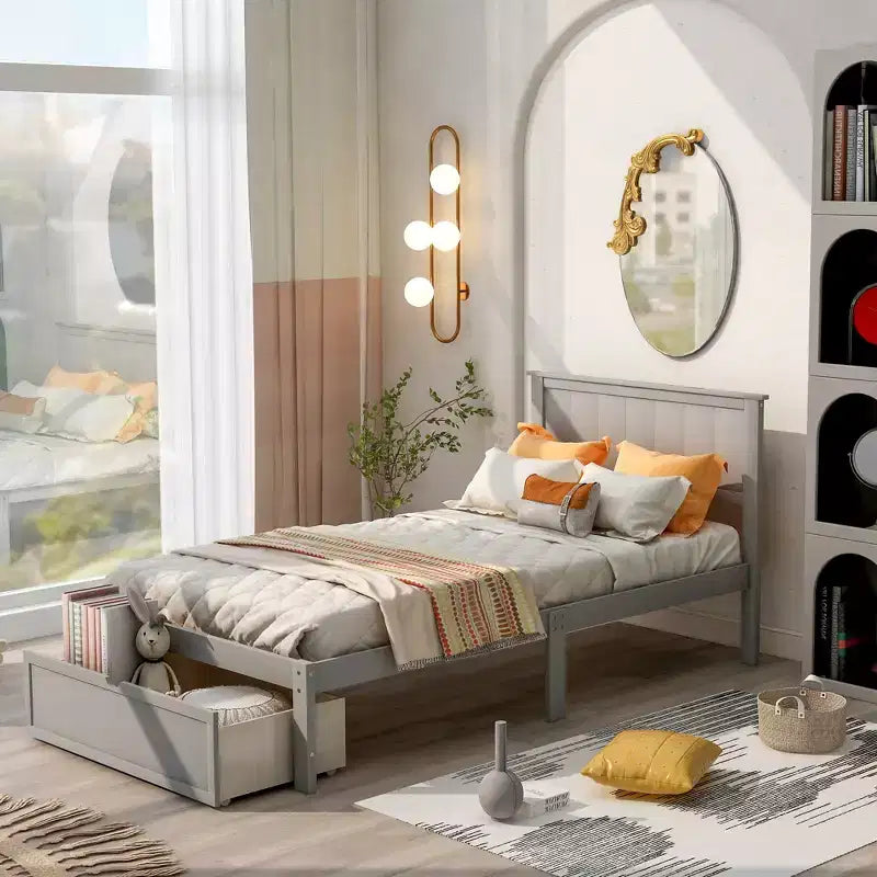 Whisen Wood Twin Size Platform Bed with Under-bed Drawer