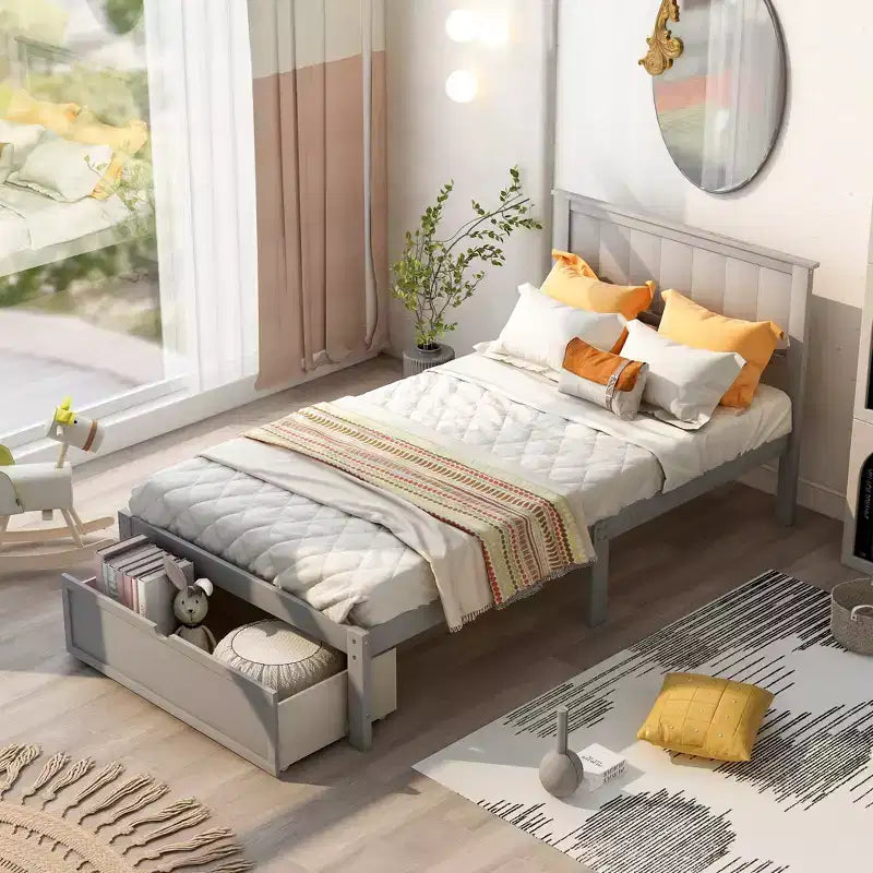 Lit plateforme double en bois avec tiroir de rangement