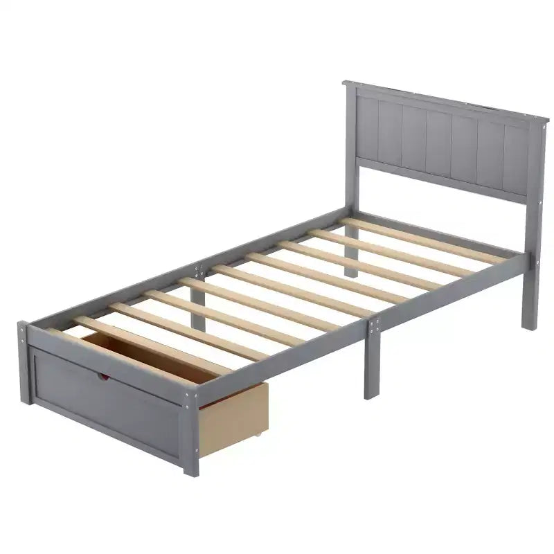 Lit plateforme double en bois avec tiroir de rangement