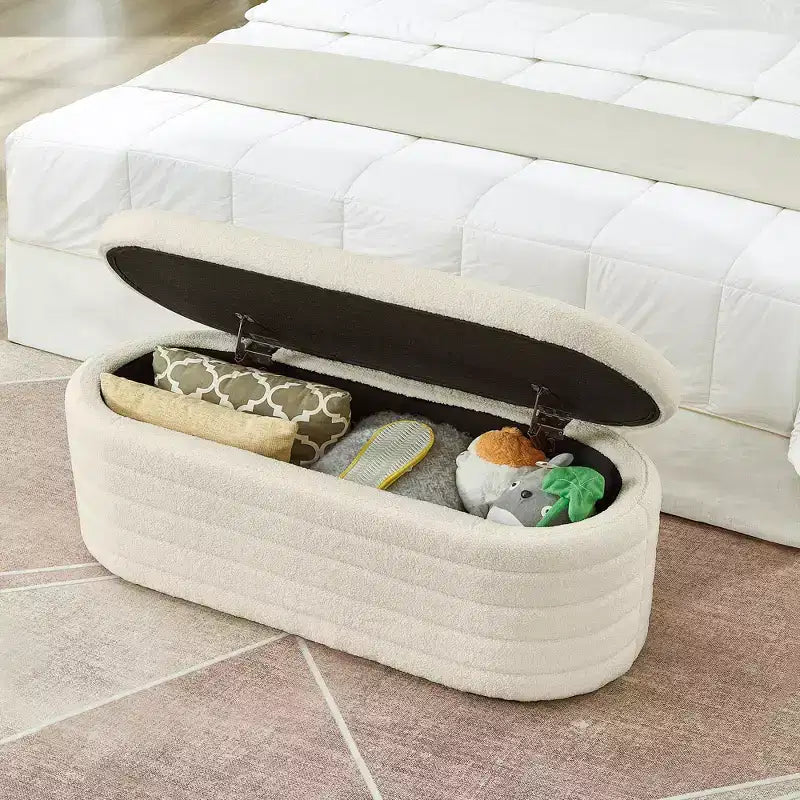 Banc de rangement ottoman ovale moderne de 109 cm de large, capitonné, avec charnière de sécurité, pour le pied de lit