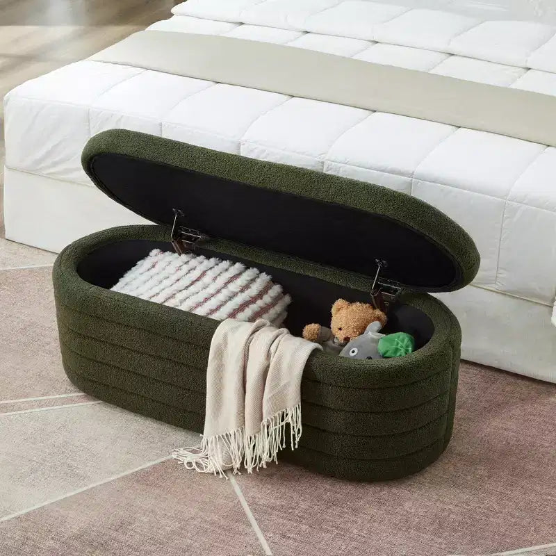 Banc de rangement ottoman ovale moderne de 109 cm de large, capitonné, avec charnière de sécurité, pour le pied de lit