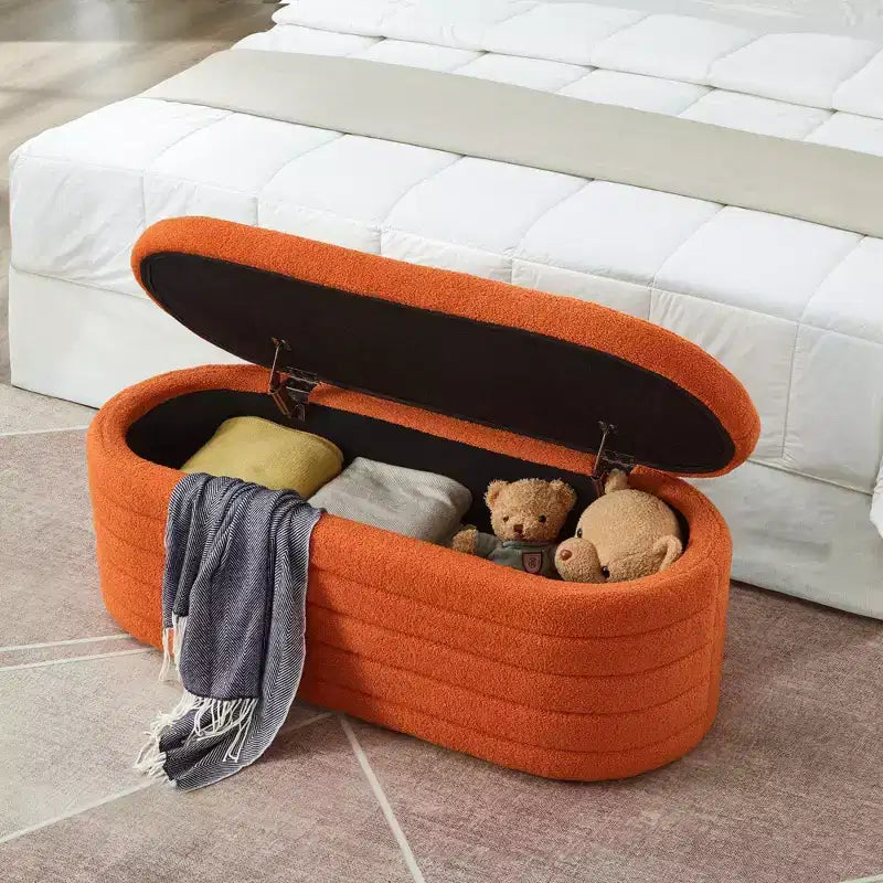 Banc de rangement ottoman ovale moderne de 109 cm de large, capitonné, avec charnière de sécurité, pour le pied de lit