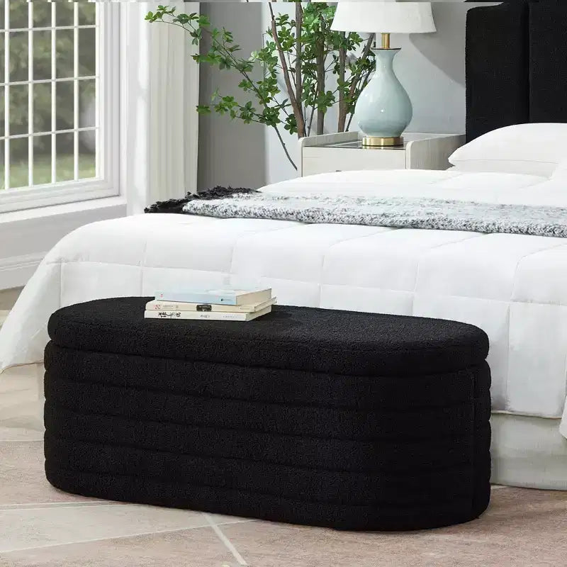 Banc de rangement ottoman ovale moderne de 109 cm de large, capitonné, avec charnière de sécurité, pour le pied de lit