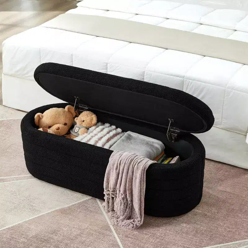 Zeus & Ruta Modern 43 in.W Oval Storage Ottoman End of Bed Stool Bench Upholstered with Safety Hinge-