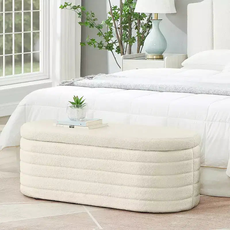 Banc de rangement ottoman ovale moderne de 109 cm de large, capitonné, avec charnière de sécurité, pour le pied de lit