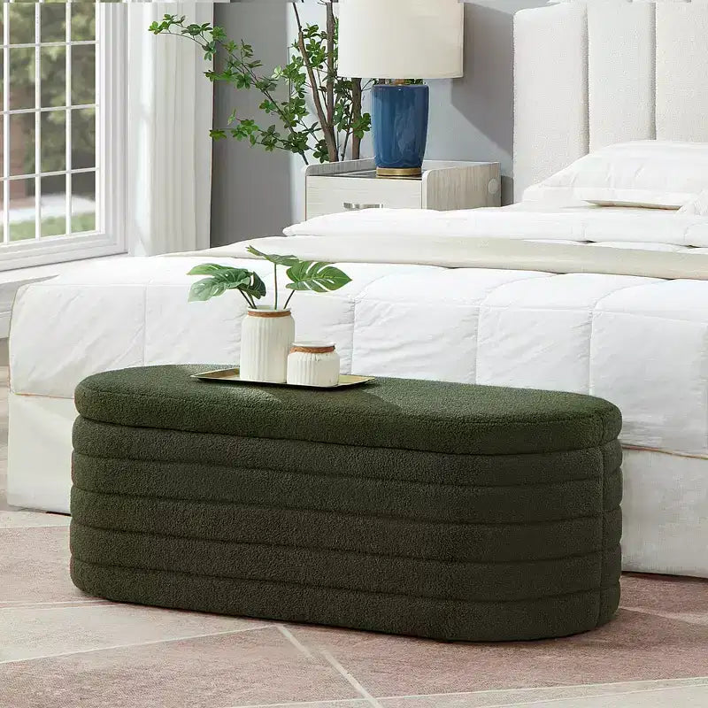 Banc de rangement ottoman ovale moderne de 109 cm de large, capitonné, avec charnière de sécurité, pour le pied de lit