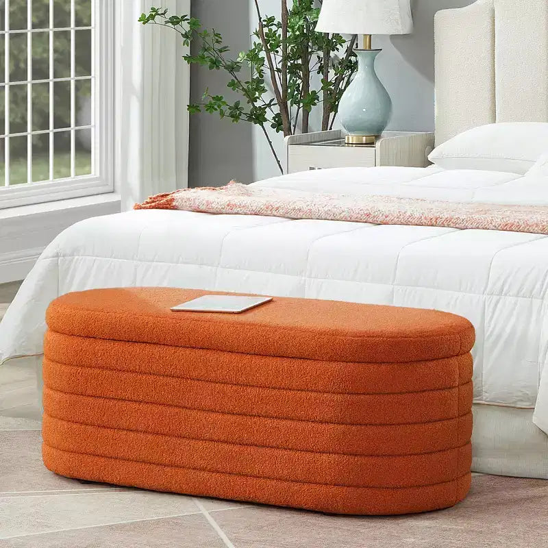 Banc de rangement ottoman ovale moderne de 109 cm de large, capitonné, avec charnière de sécurité, pour le pied de lit