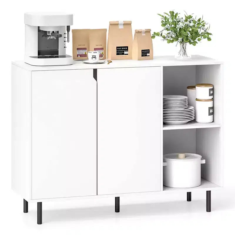 Buffet de cuisine avec étagères réglables, 2 portes, pieds en métal robustes, blanc