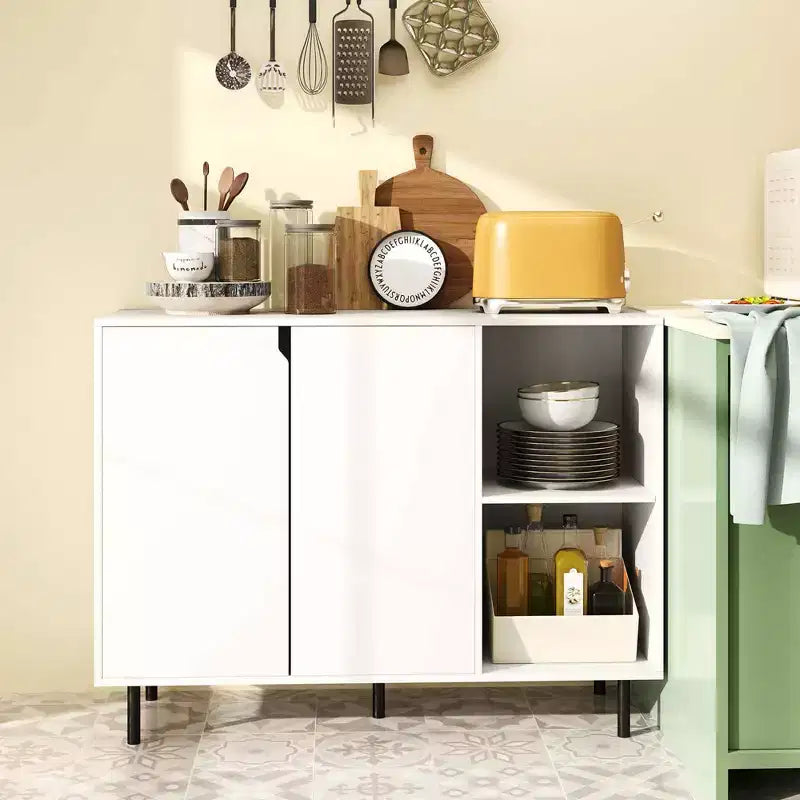 Buffet de cuisine avec étagères réglables, 2 portes, pieds en métal robustes, blanc