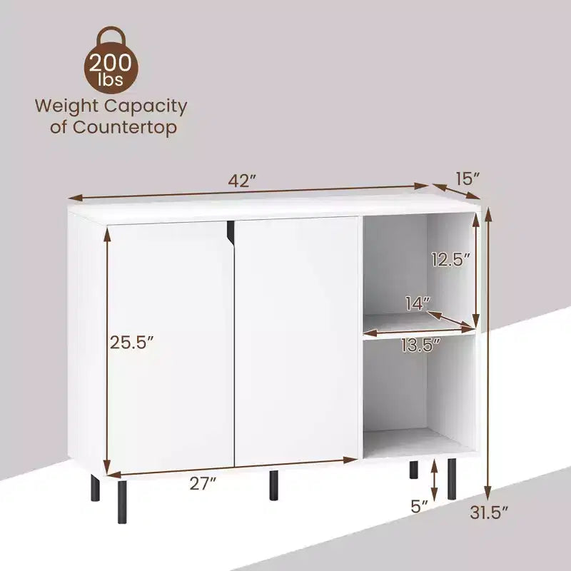 Buffet de cuisine avec étagères réglables, 2 portes, pieds en métal robustes, blanc