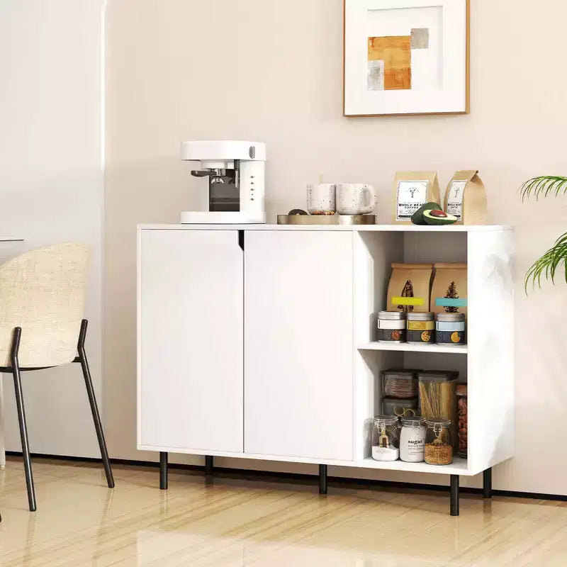 Buffet de cuisine avec étagères réglables, 2 portes, pieds en métal robustes, blanc