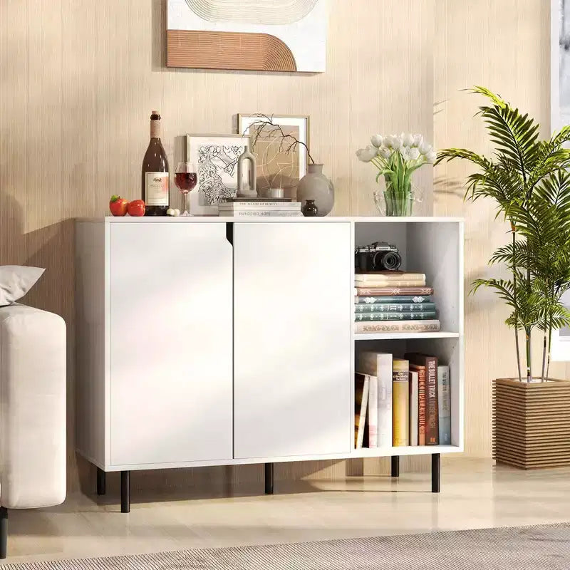 Buffet de cuisine avec étagères réglables, 2 portes, pieds en métal robustes, blanc