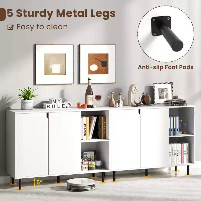 Buffet de cuisine avec étagères réglables, 2 portes, pieds en métal robustes, blanc