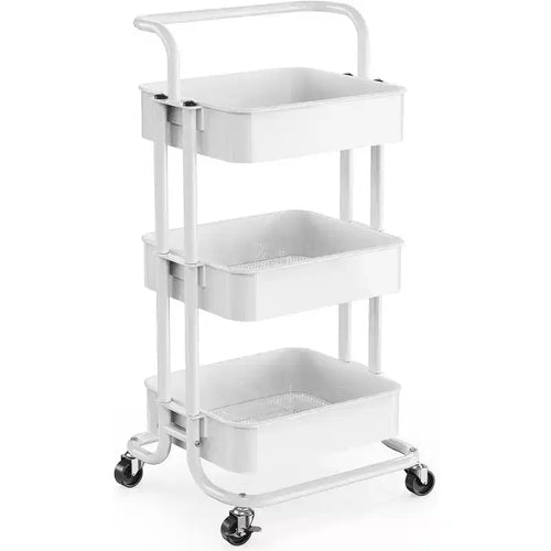 Pipishell 3-Tier Mesh Utility Cart - Rolling Metal Storage Cart with Handle & Lockable Wheels for Kitchen, Living Room & Office, White