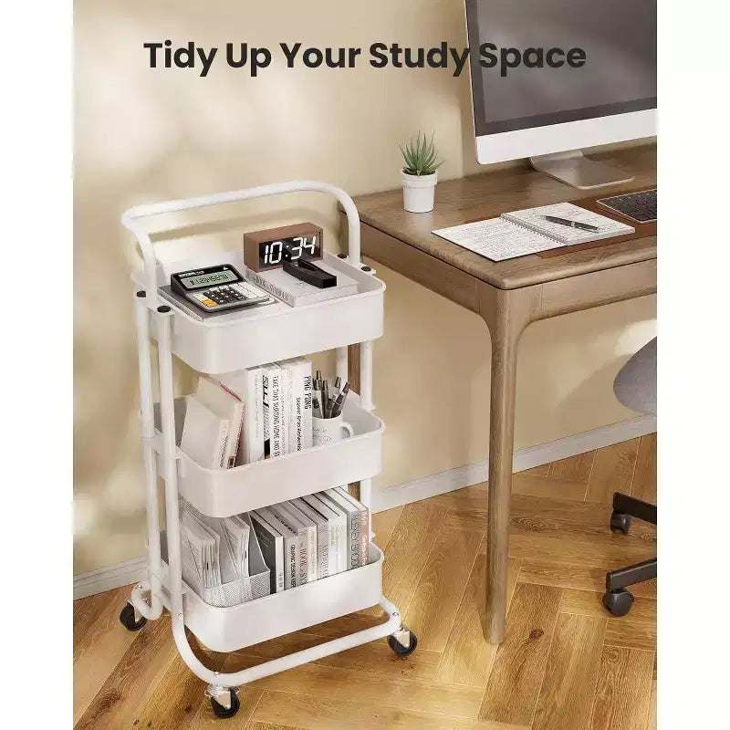 Chariot de rangement à roulettes en métal à 3 niveaux avec poignée et roulettes verrouillables pour la cuisine, le salon et le bureau, blanc