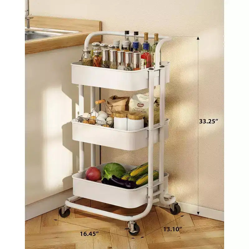 Chariot de rangement à roulettes en métal à 3 niveaux avec poignée et roulettes verrouillables pour la cuisine, le salon et le bureau, blanc