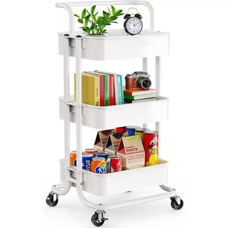 Chariot de rangement à roulettes en métal à 3 niveaux avec poignée et roulettes verrouillables pour la cuisine, le salon et le bureau, blanc