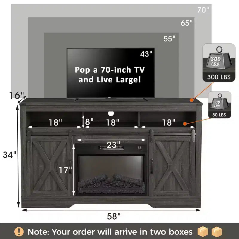 Meuble TV de cheminée pour 65''+, meuble de divertissement style ferme avec cheminée électrique de 23" avec télécommande et porte coulissante