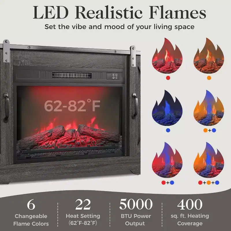 Meuble TV de cheminée pour 65''+, meuble de divertissement style ferme avec cheminée électrique de 23" avec télécommande et porte coulissante