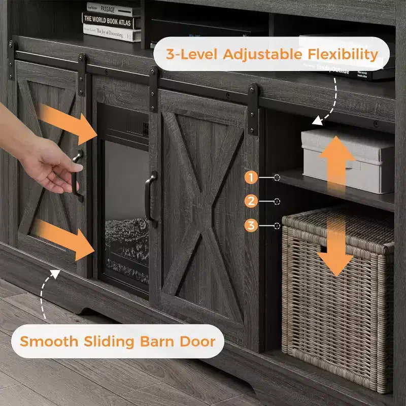 Meuble TV de cheminée pour 65''+, meuble de divertissement style ferme avec cheminée électrique de 23" avec télécommande et porte coulissante