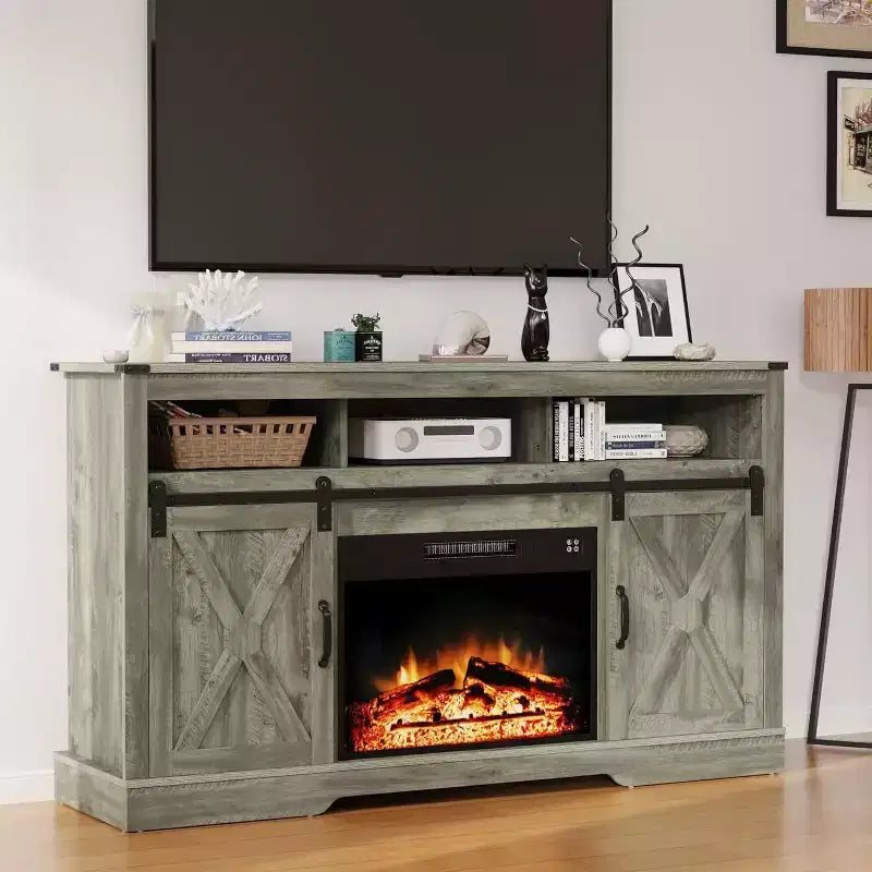 Meuble TV de cheminée pour 65''+, meuble de divertissement style ferme avec cheminée électrique de 23" avec télécommande et porte coulissante
