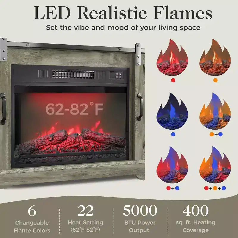 Meuble TV de cheminée pour 65''+, meuble de divertissement style ferme avec cheminée électrique de 23" avec télécommande et porte coulissante
