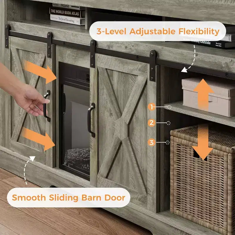 Meuble TV de cheminée pour 65''+, meuble de divertissement style ferme avec cheminée électrique de 23" avec télécommande et porte coulissante