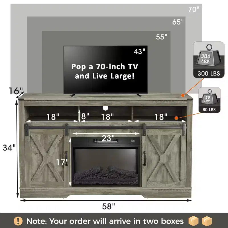 Meuble TV de cheminée pour 65''+, meuble de divertissement style ferme avec cheminée électrique de 23" avec télécommande et porte coulissante