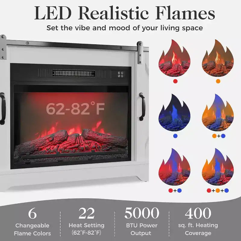 Meuble TV de cheminée pour 65''+, meuble de divertissement style ferme avec cheminée électrique de 23" avec télécommande et porte coulissante