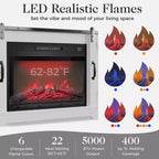 Meuble TV de cheminée pour 65''+, meuble de divertissement style ferme avec cheminée électrique de 23" avec télécommande et porte coulissante