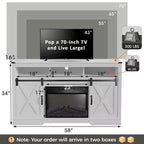 Meuble TV de cheminée pour 65''+, meuble de divertissement style ferme avec cheminée électrique de 23" avec télécommande et porte coulissante