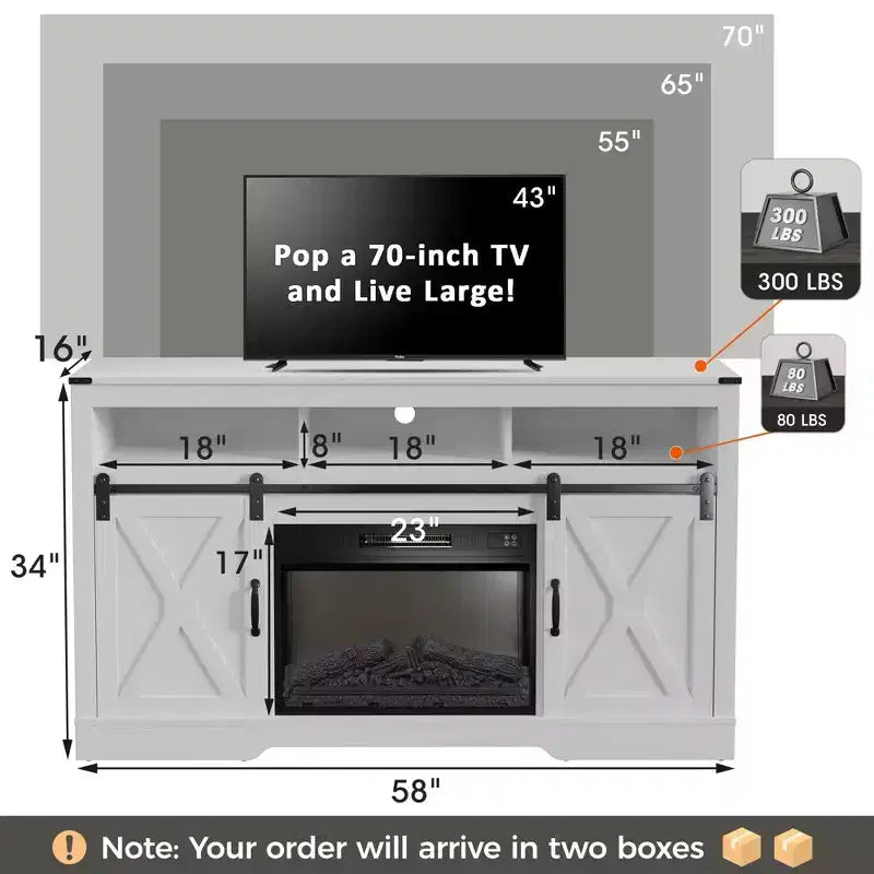 Meuble TV de cheminée pour 65''+, meuble de divertissement style ferme avec cheminée électrique de 23" avec télécommande et porte coulissante