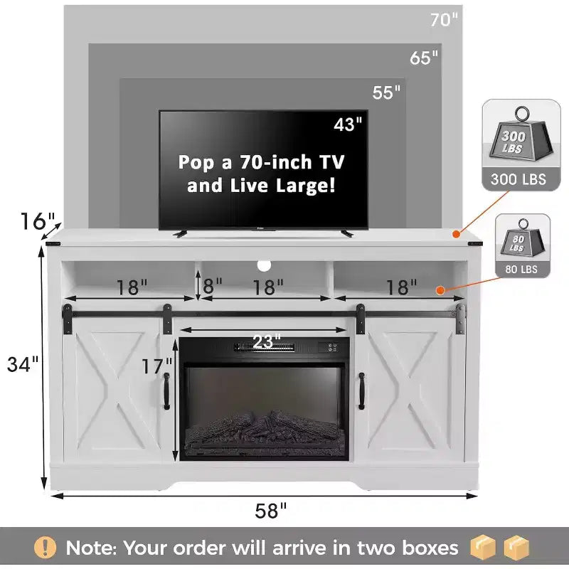 Meuble TV de cheminée pour 65''+, meuble de divertissement style ferme avec cheminée électrique de 23" avec télécommande et porte coulissante