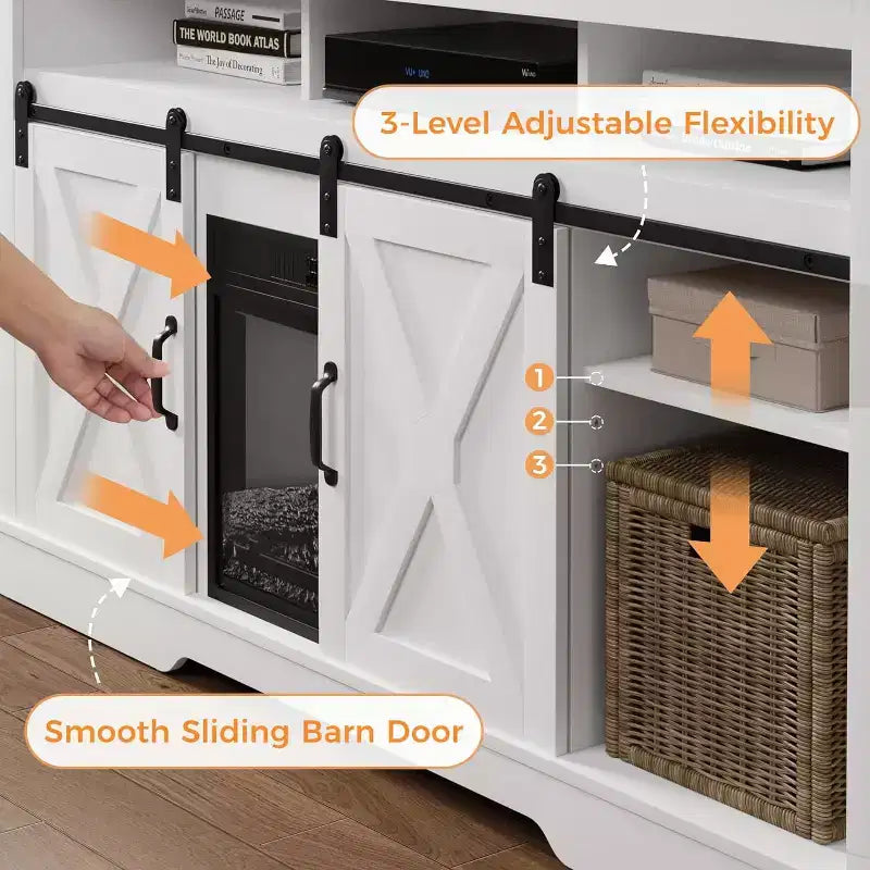 Meuble TV de cheminée pour 65''+, meuble de divertissement style ferme avec cheminée électrique de 23" avec télécommande et porte coulissante