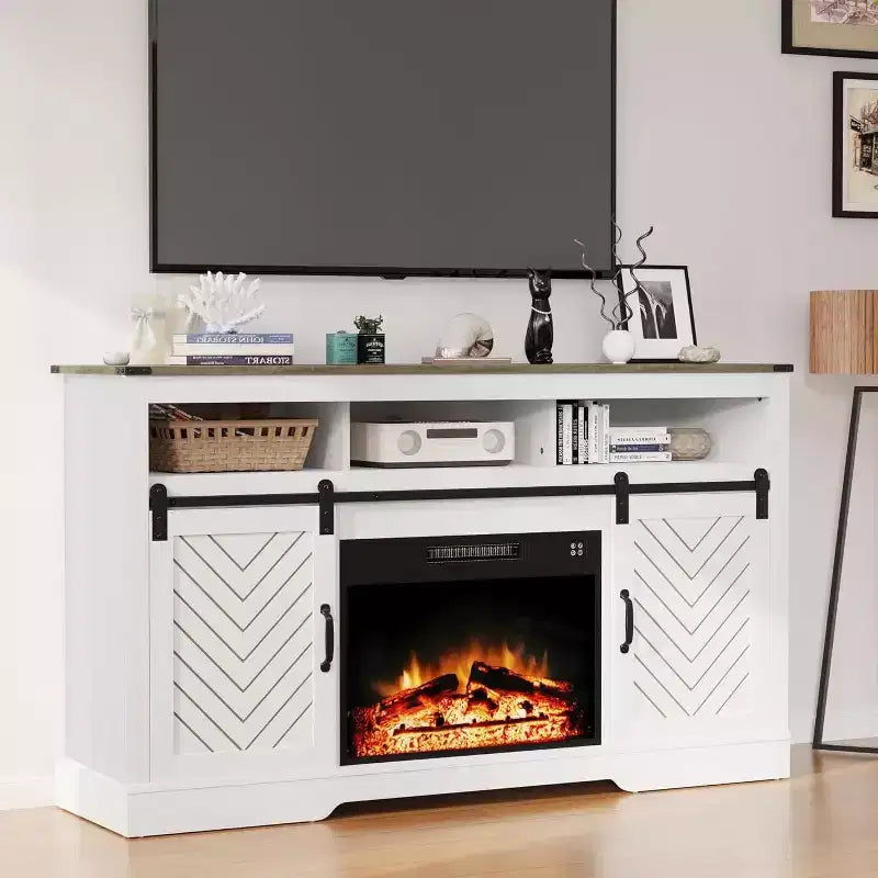 Meuble TV de cheminée pour 65''+, meuble de divertissement style ferme avec cheminée électrique de 23" avec télécommande et porte coulissante
