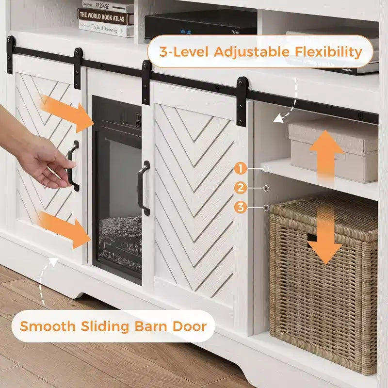 Meuble TV de cheminée pour 65''+, meuble de divertissement style ferme avec cheminée électrique de 23" avec télécommande et porte coulissante