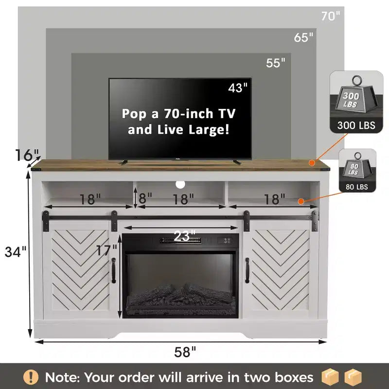 Meuble TV de cheminée pour 65''+, meuble de divertissement style ferme avec cheminée électrique de 23" avec télécommande et porte coulissante